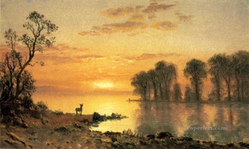 アルバート・ビアシュタット Painting - 夕焼けの鹿と川 アルバート・ビアシュタット